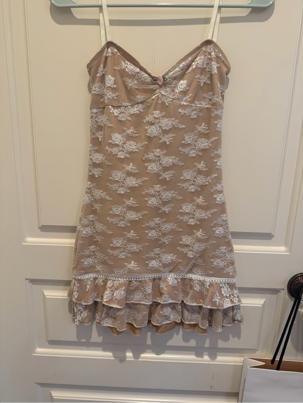 Edikted Beige Lace Mini Slip Dress with White Floral Overlay